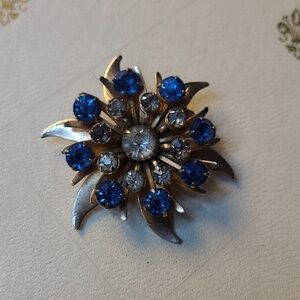 Vintage Blue And Clear Rhinestone, Goldtone Floral Brooch